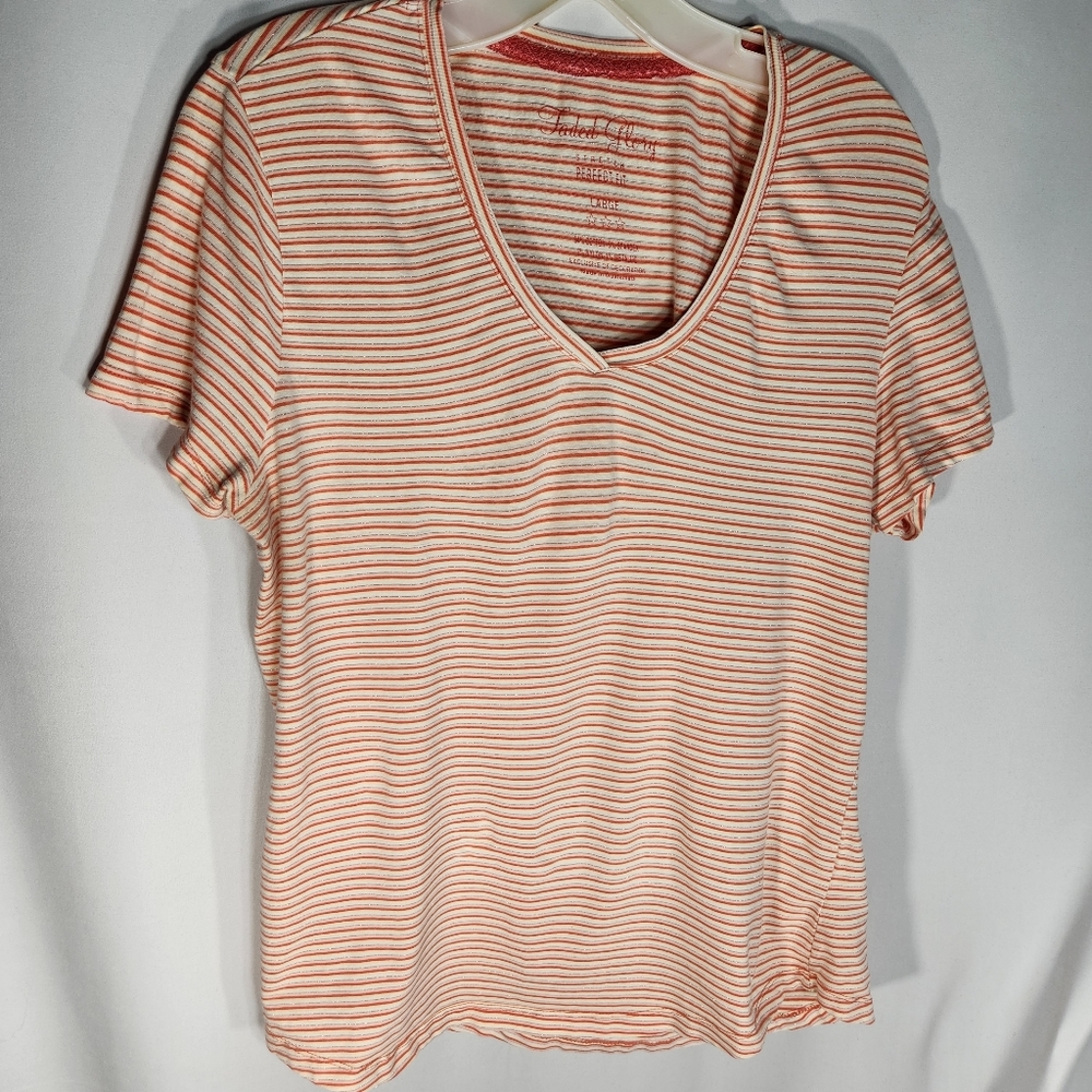 Faded Glory Stretch Perfect Fit Oranges White Metallic Striped Top Size Large